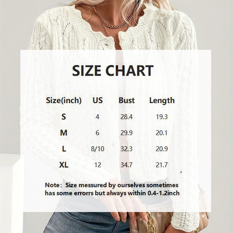 Women's Solid Color Elegant Round Neck Cardigan Top - Button Front Openwork Knit Top For Spring&Summer CJ US
