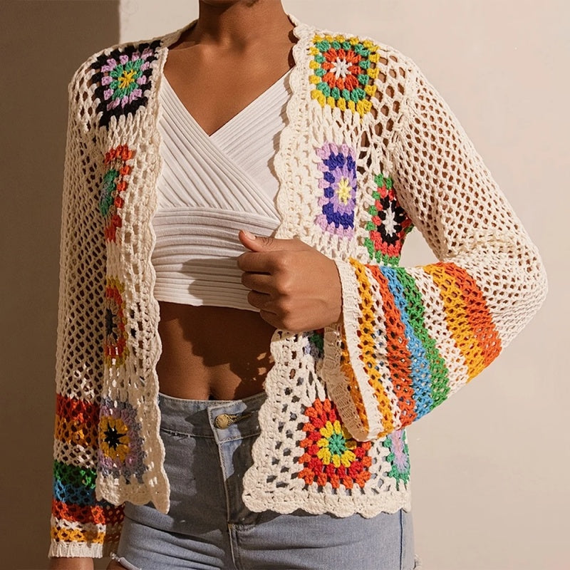 Women's Elegant Crochet Cardigan - Long Sleeve Open Front Vibrant Color Block Coat CJ US