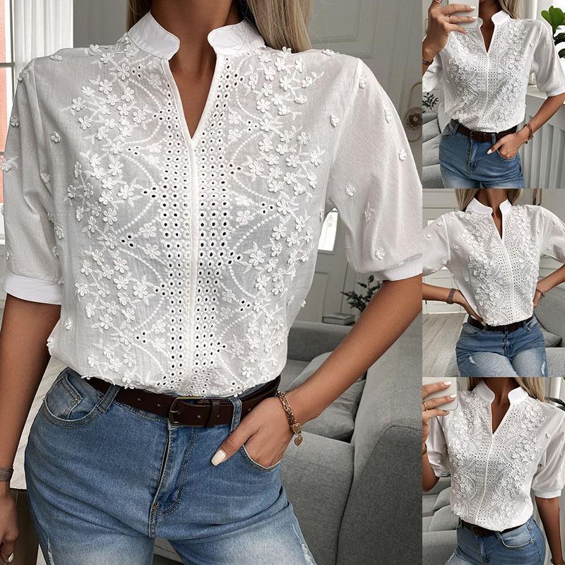 🌸 Women's V-Neck Stand Collar Embroidered Lace Blouse FitiqueFit