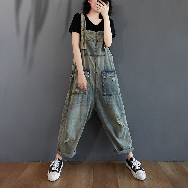 Women's Summer Retro Nostalgic Ripped Denim Overalls CJ US