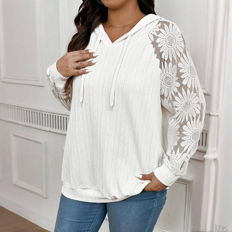 Women's Plus Size Hoodie Lace Long Sleeve Pullover Top, Fall Casual Drawstring Sweatshirt CJ US