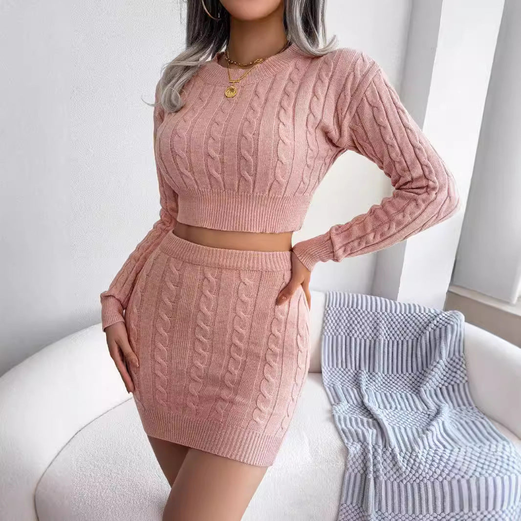 Casual Twisted Knit Crop Sweater And Bodycon Skirt Set CJ US