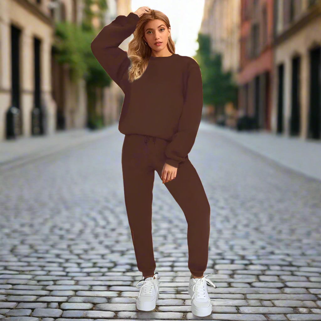 👚 Women's Solid Color Round Neck Pullover Sweatshirt & Pants Set FitiqueFit