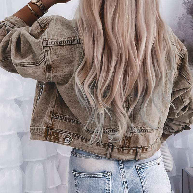 Women's Long Sleeve Rivet Studded Denim Jacket Casual Cropped Short Jean Coat CJ US