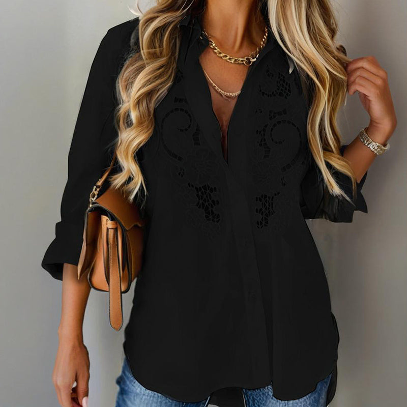 Women’s Contrast Lace Long-Sleeve Button‑Down Blouse CJ US