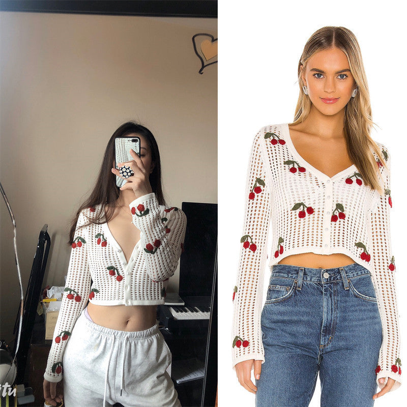 Ins Blogger With The Same Cherry Embroidery White Crochet Hollow Cardigan Top Women'S Short Coat Base Cardigan CJ