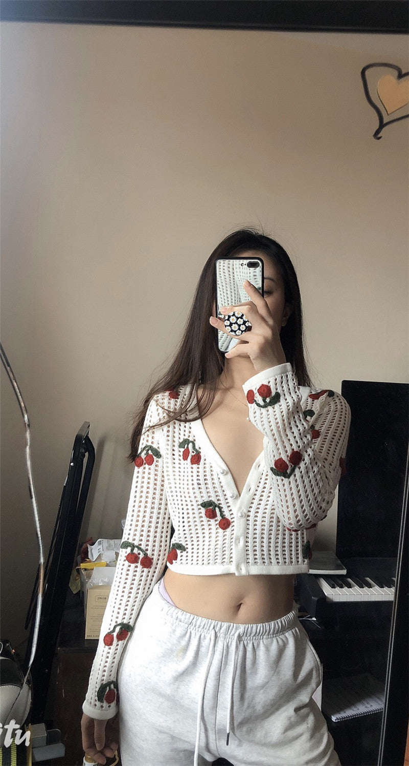 Ins Blogger With The Same Cherry Embroidery White Crochet Hollow Cardigan Top Women'S Short Coat Base Cardigan CJ