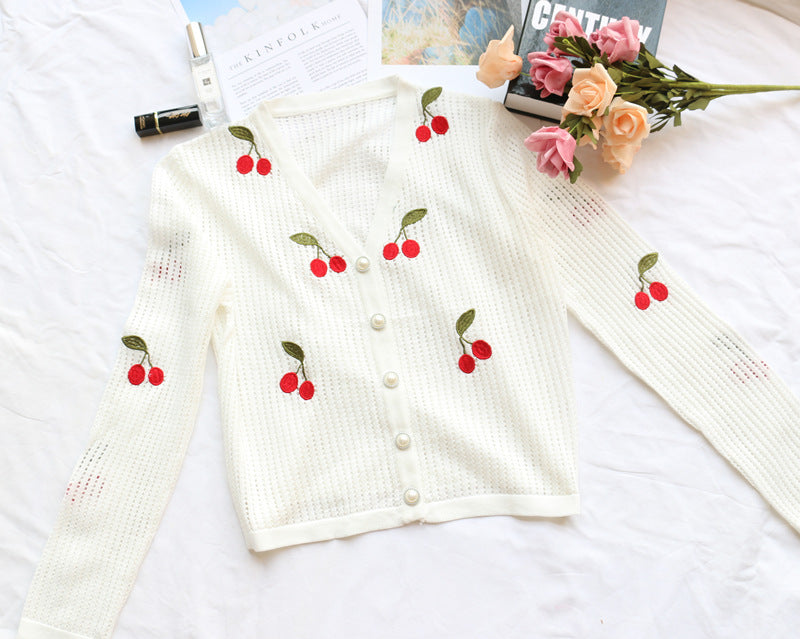 Ins Blogger With The Same Cherry Embroidery White Crochet Hollow Cardigan Top Women'S Short Coat Base Cardigan CJ