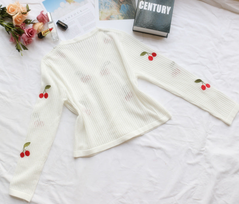Ins Blogger With The Same Cherry Embroidery White Crochet Hollow Cardigan Top Women'S Short Coat Base Cardigan CJ