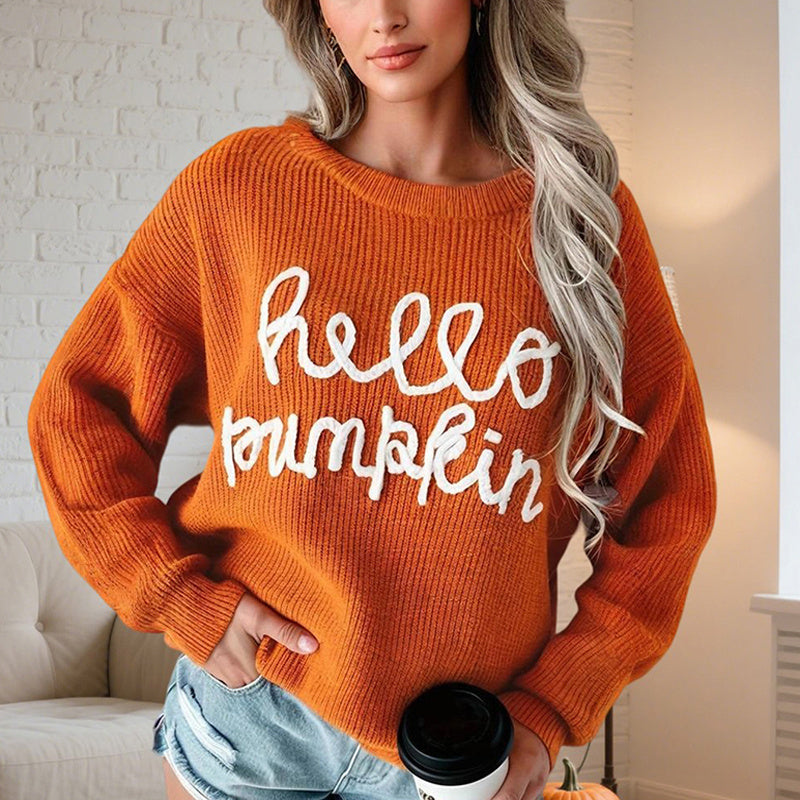 Women's Casual Round Neck Long Sleeve Letter Graphic Sweater Fall Winter Warm Comfortable Pullover Tops CJ US