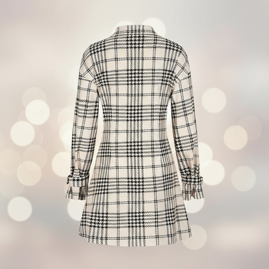 Women's Elegant Plaid Shirt Dress, Ruched Waist A-Line Mini Dress With Long Sleeves CJ US