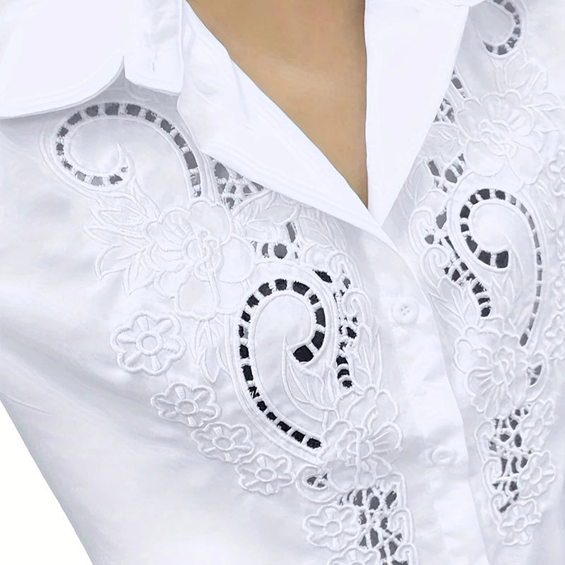 Women’s Contrast Lace Long-Sleeve Button‑Down Blouse CJ US