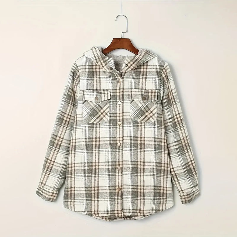 Women's Plaid Button-Up Long Sleeve Jacket Fall Winter  Flap Button Pocket Design Casual Hooded Fleece-Lined Warm Coat CJ US