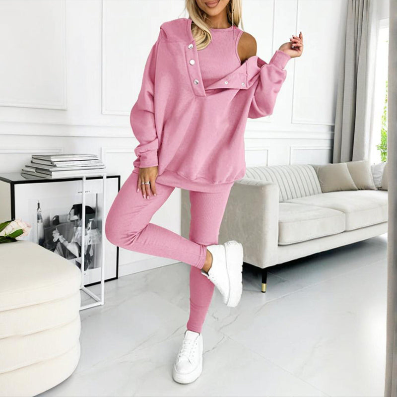 Women's Solid Color 3-Piece Set Sleeveless Vest & Hooded Button Placket Long Sleeve Sweatshirt & Slim Fit Pants Sporty Casual Outfit CJ US