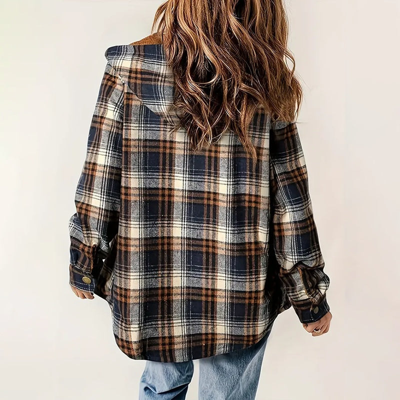 Women's Plaid Button-Up Long Sleeve Jacket Fall Winter  Flap Button Pocket Design Casual Hooded Fleece-Lined Warm Coat CJ US