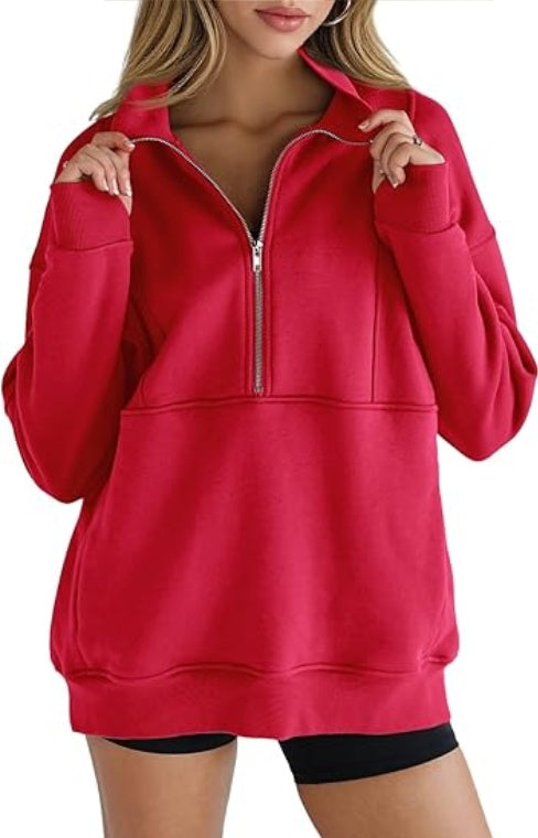 Women's Half Zip Sweatshirts Fleece Stand Collar Long Sleeve Thumb Hole Oversized Pullovers With Pockets CJ US