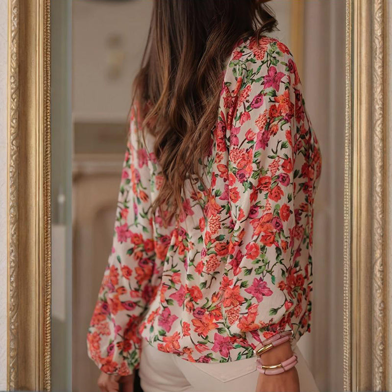 “Boho Floral V-Neck Drawstring Blouse — Long Sleeve Floral Top” CJ US
