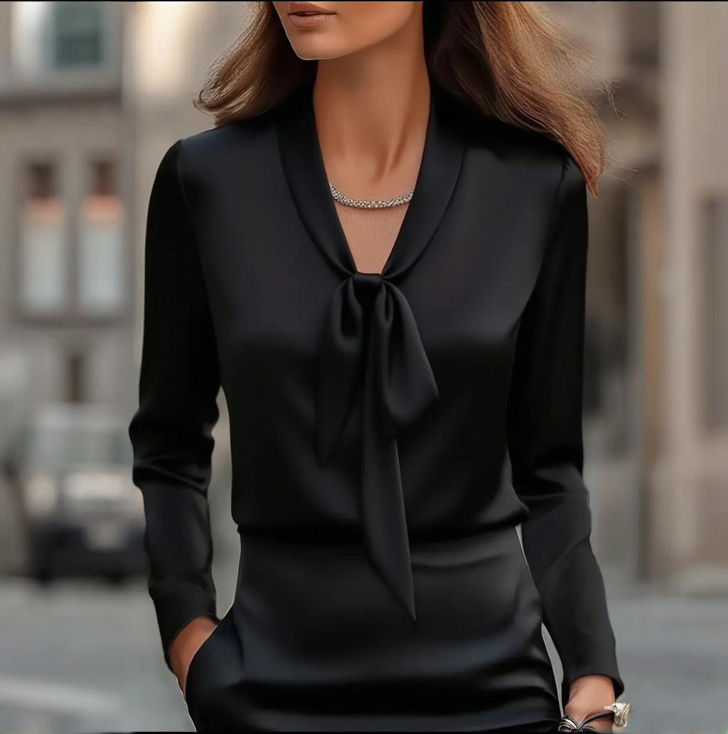 Elegant Satin Ribbon Blouse — Long Sleeve Button-Down Work Shirt CJ US