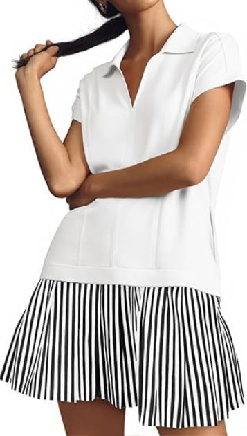 Fisoew Striped Patchwork Polo V‑Neck Mini Dress with Pockets CJ US