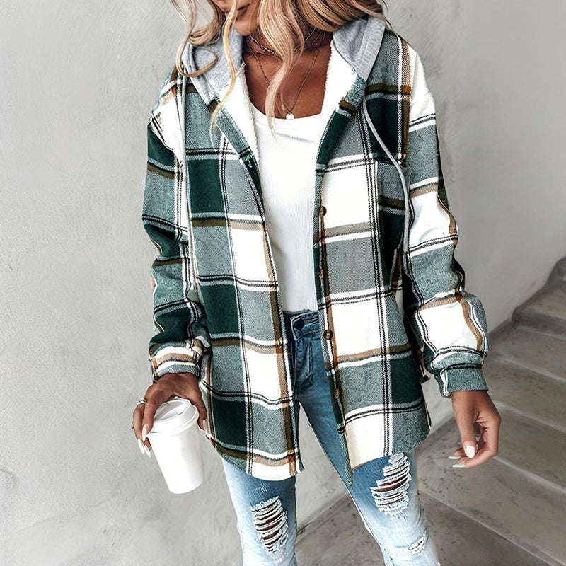 Women's Plaid Hoodie Long Sleeve Jacket Button Drawstring Casual Fall Shirts Shacket With Pocket CJ US
