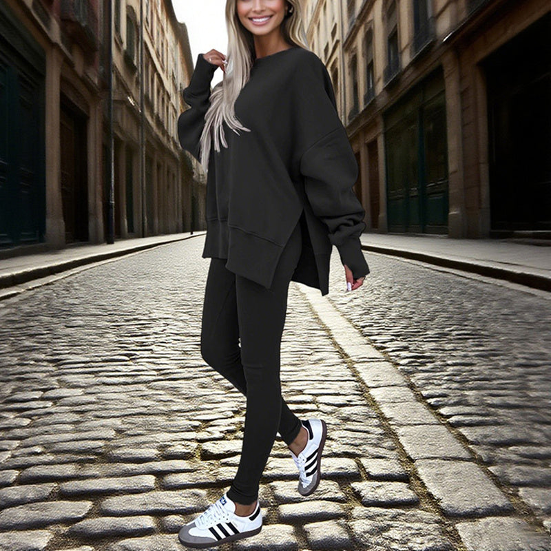 Women’s Solid Color 2-Piece Tracksuit — Crewneck Sweatshirt CJ US