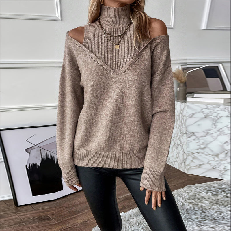 Women’s Elegant Off-Shoulder Turtleneck Sweater — Long Sleeve Knit Top CJ US