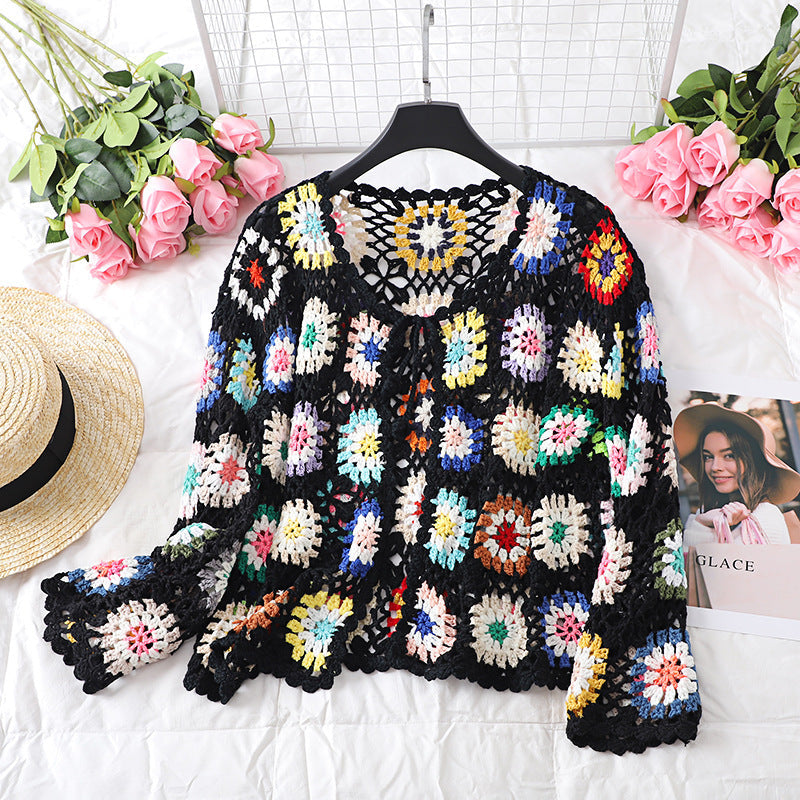 Women’s Hollow Hand Crochet Cardigan – Elegant Open Front Sweater CJ