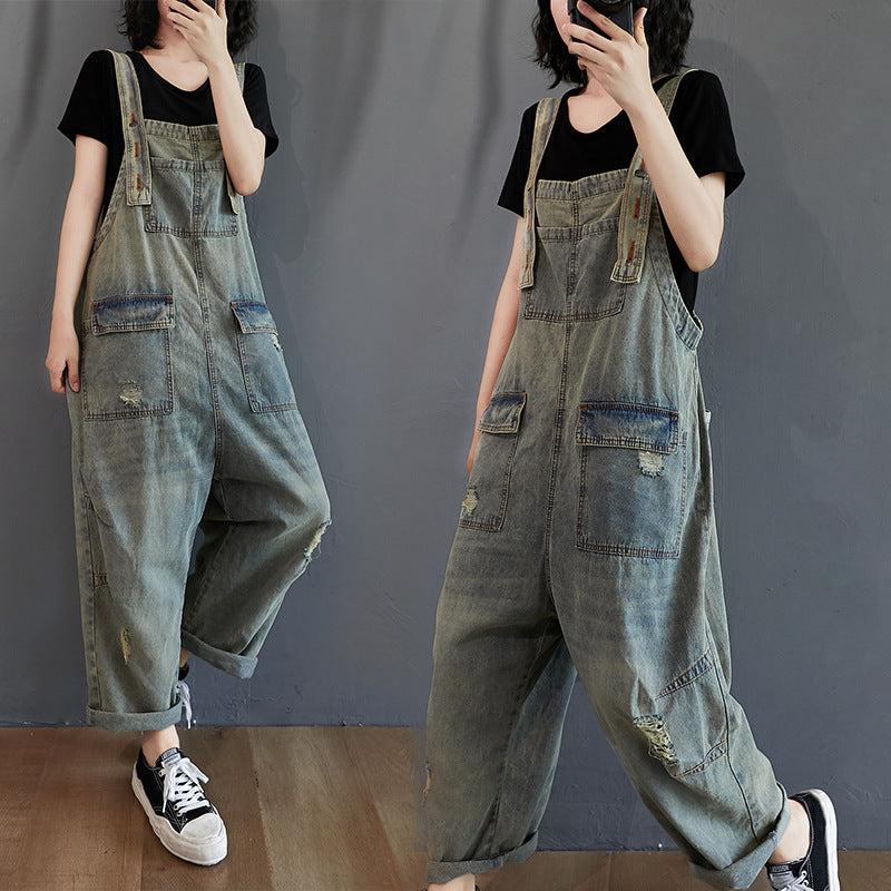 Women's Summer Retro Nostalgic Ripped Denim Overalls CJ US