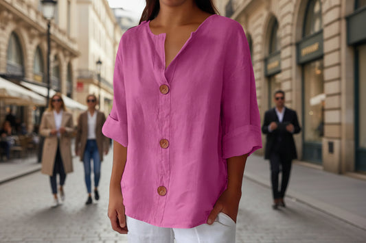 Women's V-neck cotton and linen buttoned blouse
