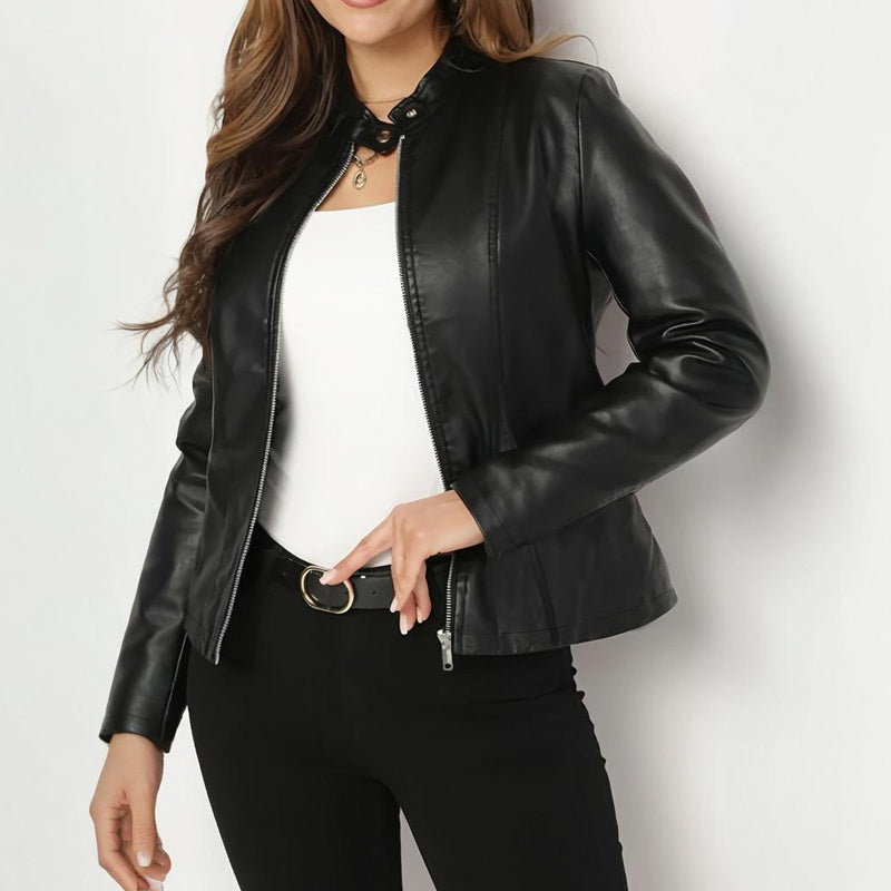Women's Solid Color Long Sleeve Stand Collar Faux Leather Blazer - Single Button Zippered Jacket For Fall&Winter CJ US