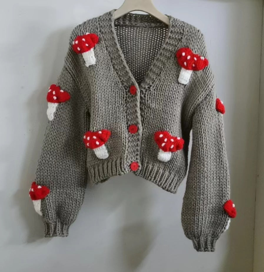 Loose Sweet Tridimensional Mushroom Crochet Short Sweater Cardigan CJ