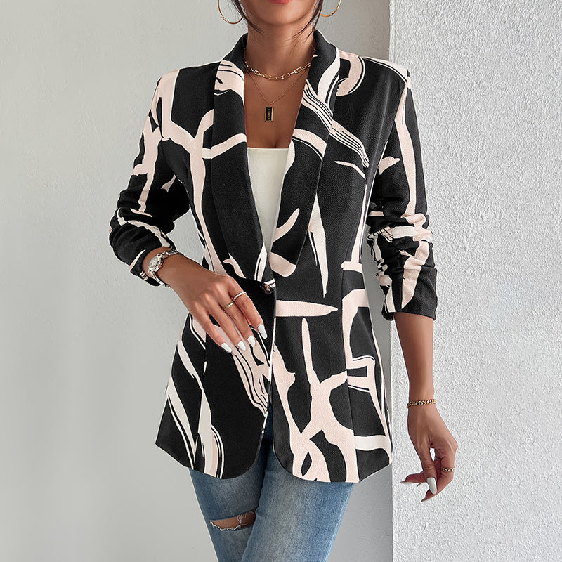 Women's Abstract Print Blazer Button Front Lapel Long Sleeve Office Blazer Elegant Work Jacket For Women CJ US