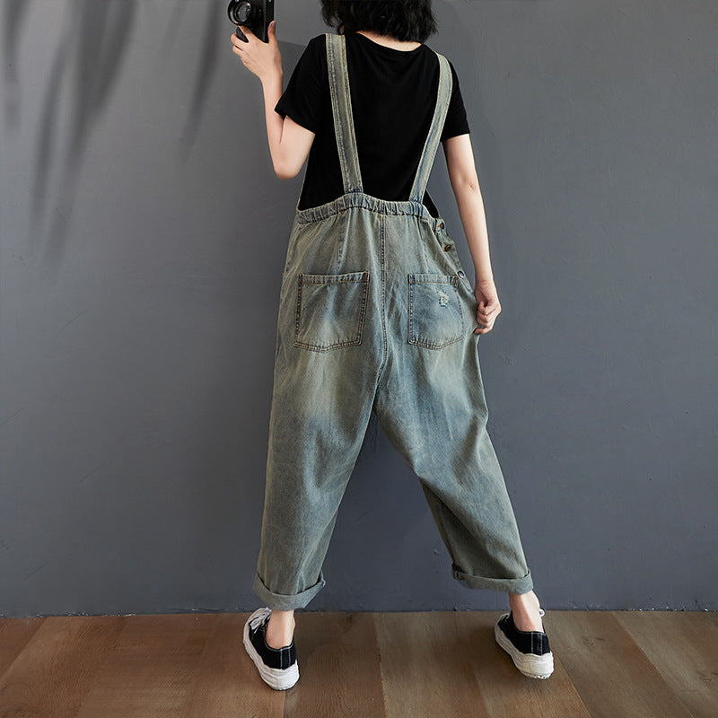 Women's Summer Retro Nostalgic Ripped Denim Overalls CJ US
