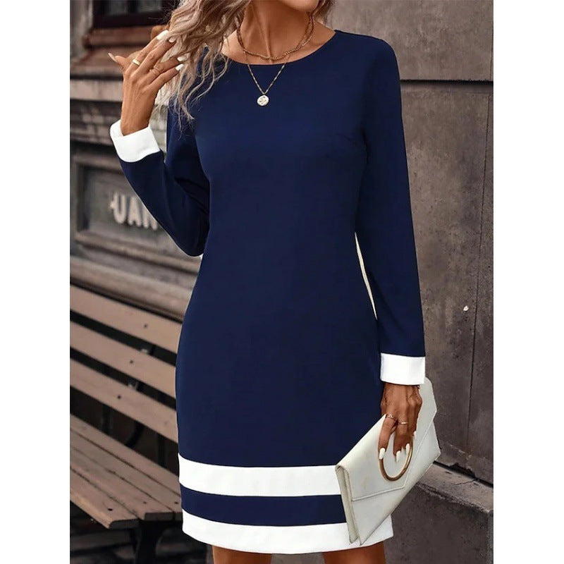New Fashion Fitted Color-block Long-sleeve Dress With Round Neckline CJ US