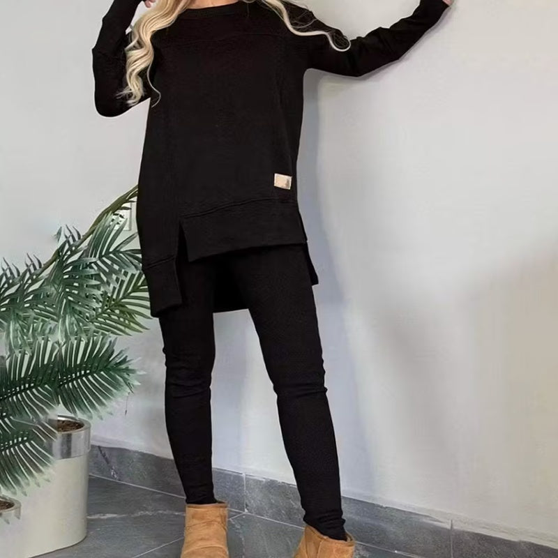 Women's 2-Piece Lounge Set, Casual Long Sleeve Side Slit Sweatshirt Outfit With Stretchy High Waist Leggings CJ US