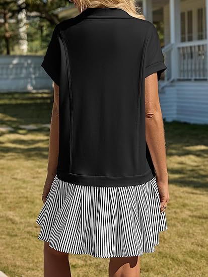 Fisoew Striped Patchwork Polo V‑Neck Mini Dress with Pockets CJ US