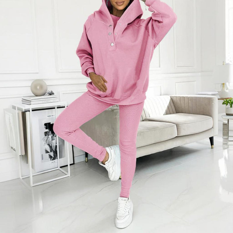 Women's Solid Color 3-Piece Set Sleeveless Vest & Hooded Button Placket Long Sleeve Sweatshirt & Slim Fit Pants Sporty Casual Outfit CJ US