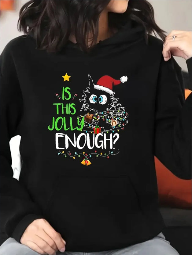 Women Christmas Cat Print Hoodie Plus Size Long Sleeve Pullover Sweatshirt With Pockets CJ US
