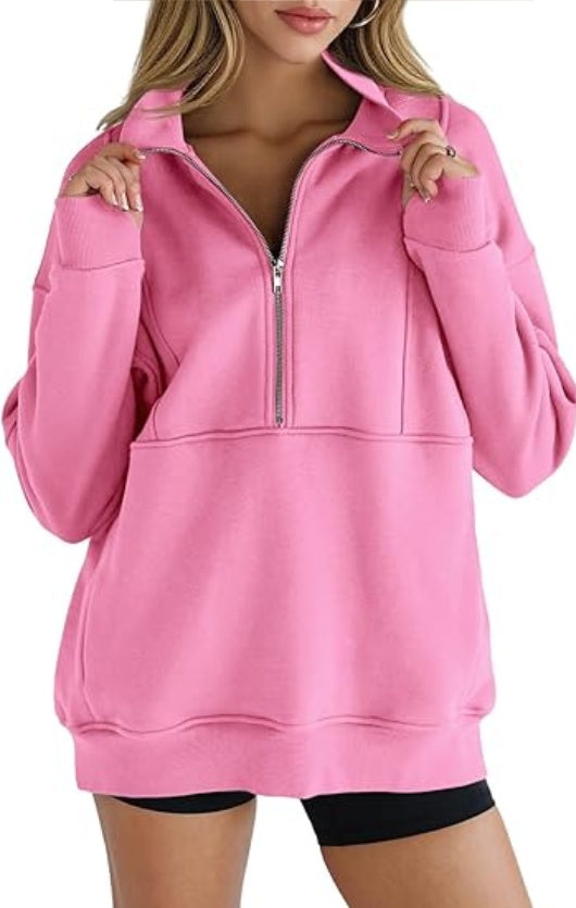 Women's Half Zip Sweatshirts Fleece Stand Collar Long Sleeve Thumb Hole Oversized Pullovers With Pockets CJ US