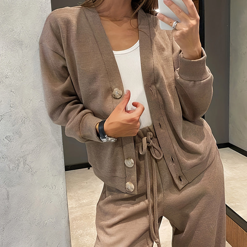 Women's Casual Knit Cardigan With Pocket & Drawstring Lounge Pants Solid Color Button Front Coat Fall Winter Loose Fit 2-Piece Outfit CJ US