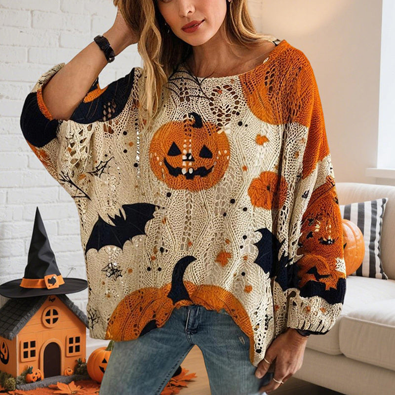 Women's Diamond Hollow Out Batwing Sleeve Top - Loose Fit Pumpkin Halloween Print Blouse For Spring Summer CJ US