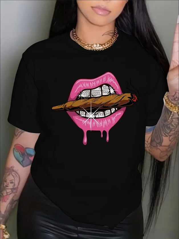 Women’s Lips Print Crew-Neck Tee CJ US