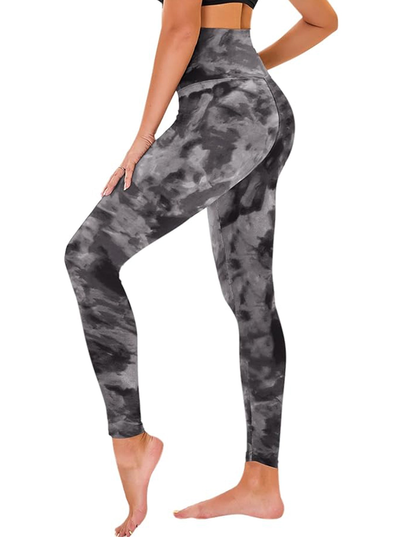 Cropped High-Rise Leggings – Black Tie-Dye Print Workout Pants CJ US