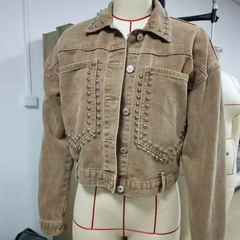 Women's Long Sleeve Rivet Studded Denim Jacket Casual Cropped Short Jean Coat CJ US
