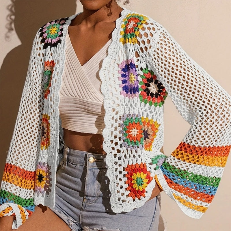 Women's Elegant Crochet Cardigan - Long Sleeve Open Front Vibrant Color Block Coat CJ