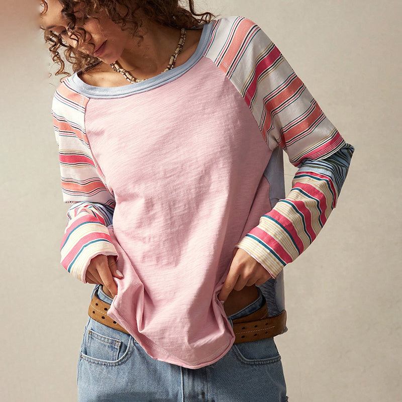 Women's Striped Long Sleeve Top Round Neck Pullover With Unique Patchwork Design For Spring&Fall CJ US