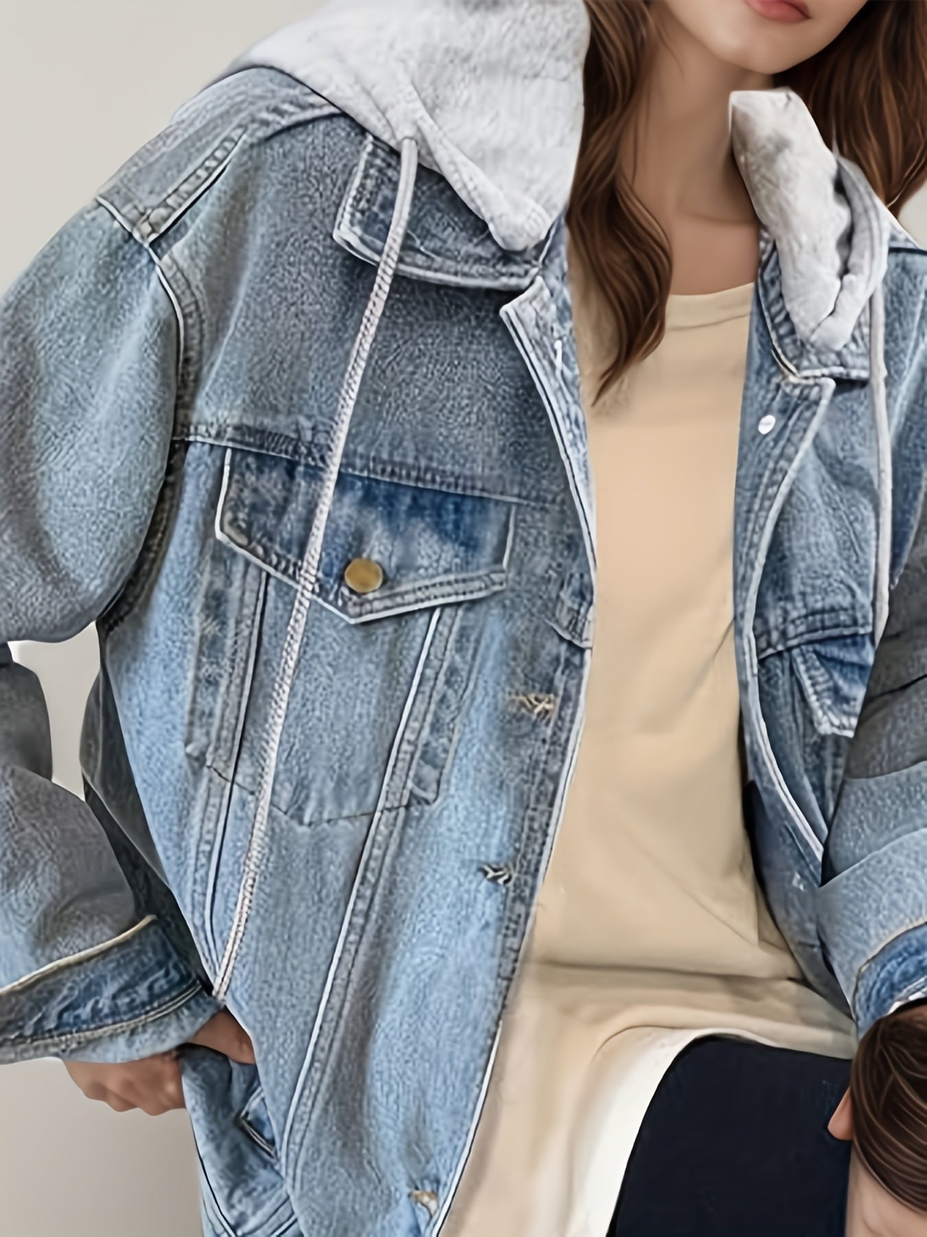 Women's Hooded Denim Jacket, Oversized Retro Denim Jacket, Elastic And Loose, Comfortable And Lightweight CJ US