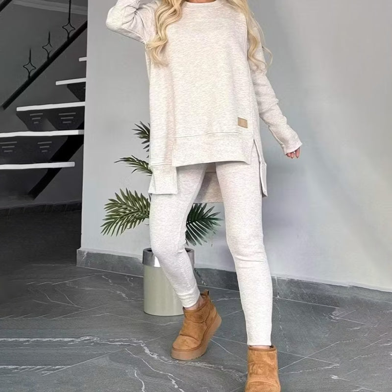 Women's 2-Piece Lounge Set, Casual Long Sleeve Side Slit Sweatshirt Outfit With Stretchy High Waist Leggings CJ US