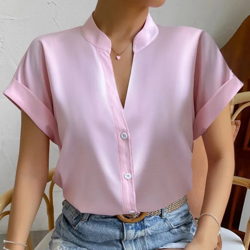 🧡 Summer Women's Satin V-Neck Short Sleeve Shirt – Elegant Casual Wear FitiqueFit
