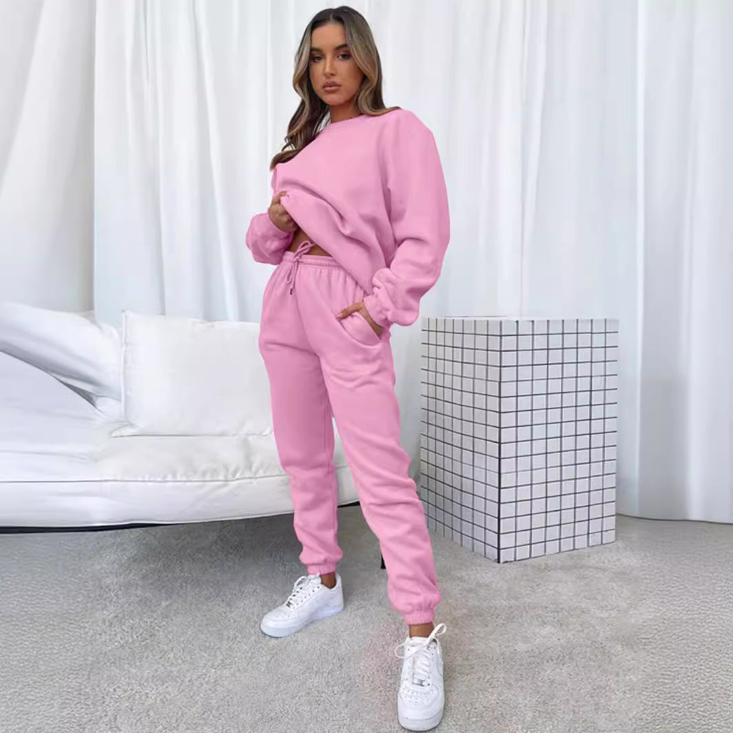 👚 Women's Solid Color Round Neck Pullover Sweatshirt & Pants Set FitiqueFit